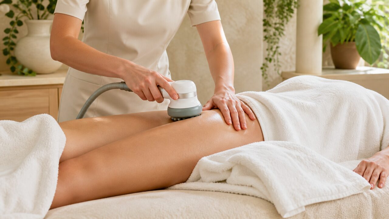 A body treatment session focused on the thigh and hip