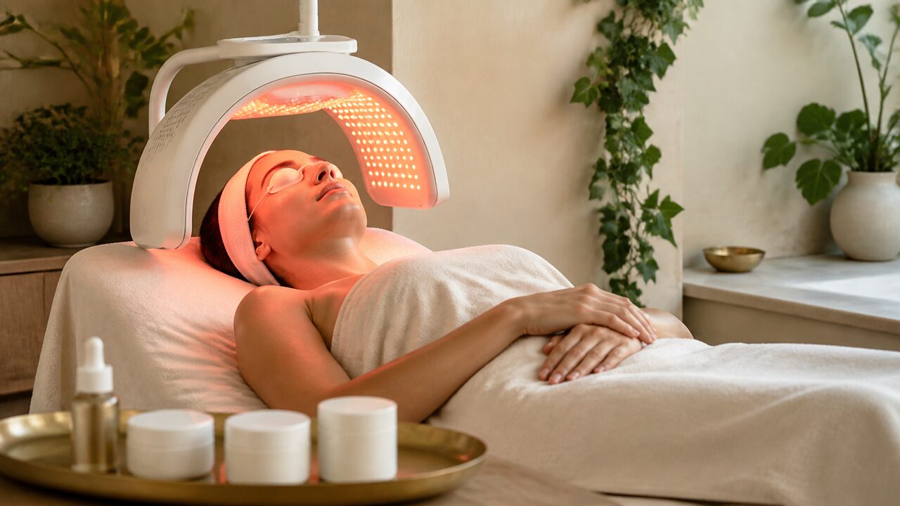 An LED facial with a tray of daily skincare products in the foreground