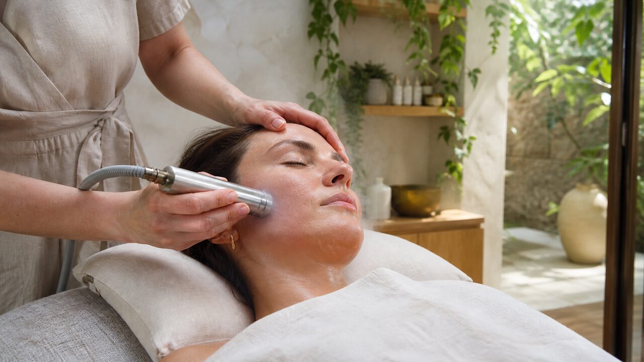 A cryotherapy wand gliding across the cheek and jawline
