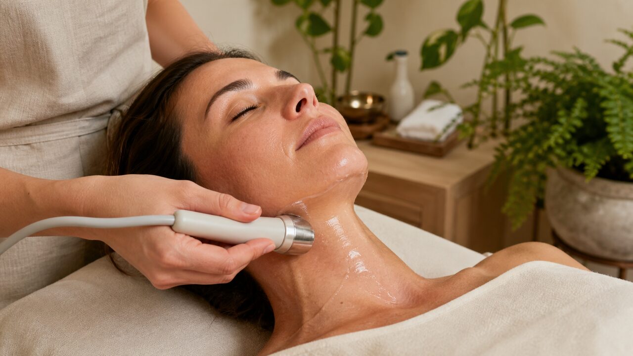A radio frequency facial along the jawline and neck
